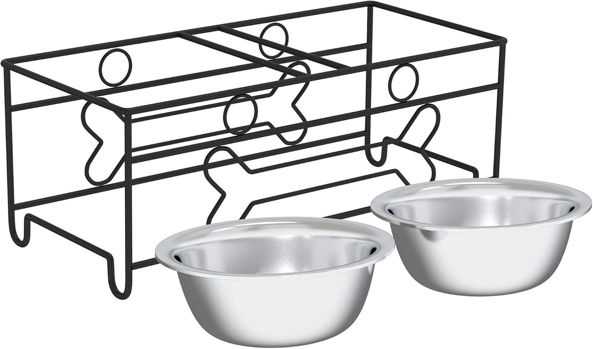 Set of 2 Stainless Steel Dog Bowls - 40Oz Pet Bowls with Decorative Dog Food Stand - Metal Food and Water Dishes for Large Pets - Puppy Essentials by  (Silver/Black)