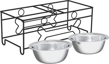 Set of 2 Stainless Steel Dog Bowls - 40Oz Pet Bowls with Decorative Dog Food Stand - Metal Food and Water Dishes for Large Pets - Puppy Essentials by  (Silver/Black)